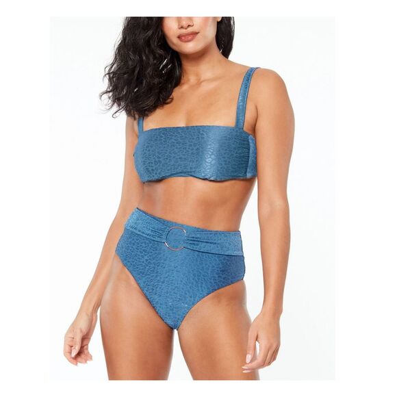 BAR III Women's Blue Stretch Ring-Detail Satin High Waisted Swimsuit Bottom XL - Picture 3 of 4